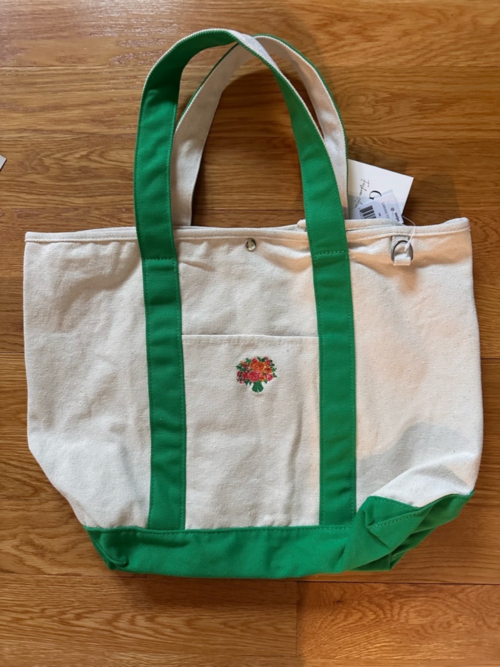 Lake & Trail Canvas Tote Bag with Green Trim and Floral Embroidery